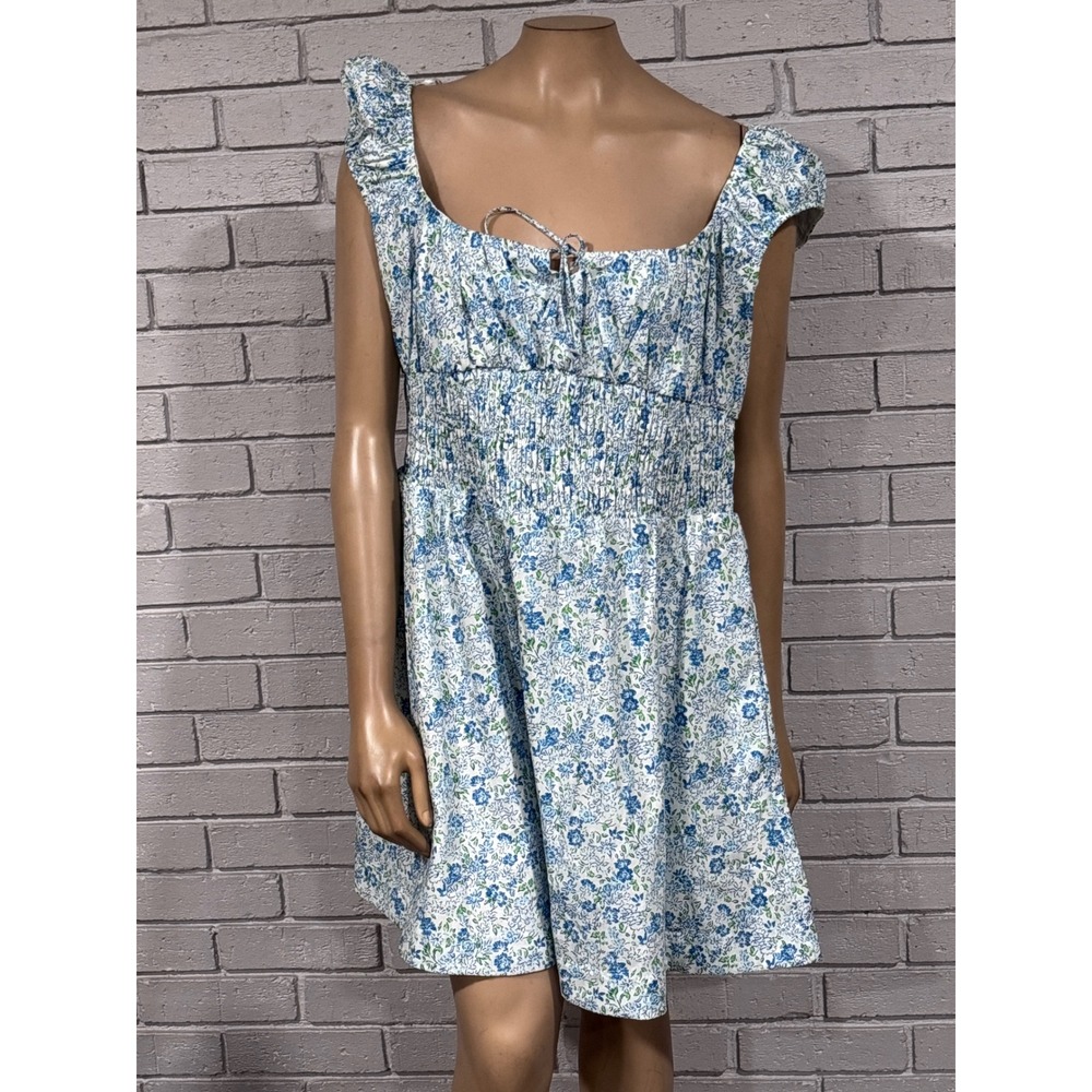 Anthropologie Blue Floral Smocked Mini Dress Ruffle Cap Sleeve NWT XL